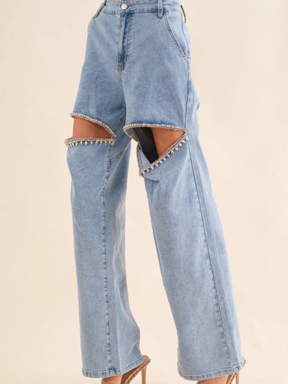 Rhinestone Cut-Out Wide Leg Heart Jeans Size Small NWT